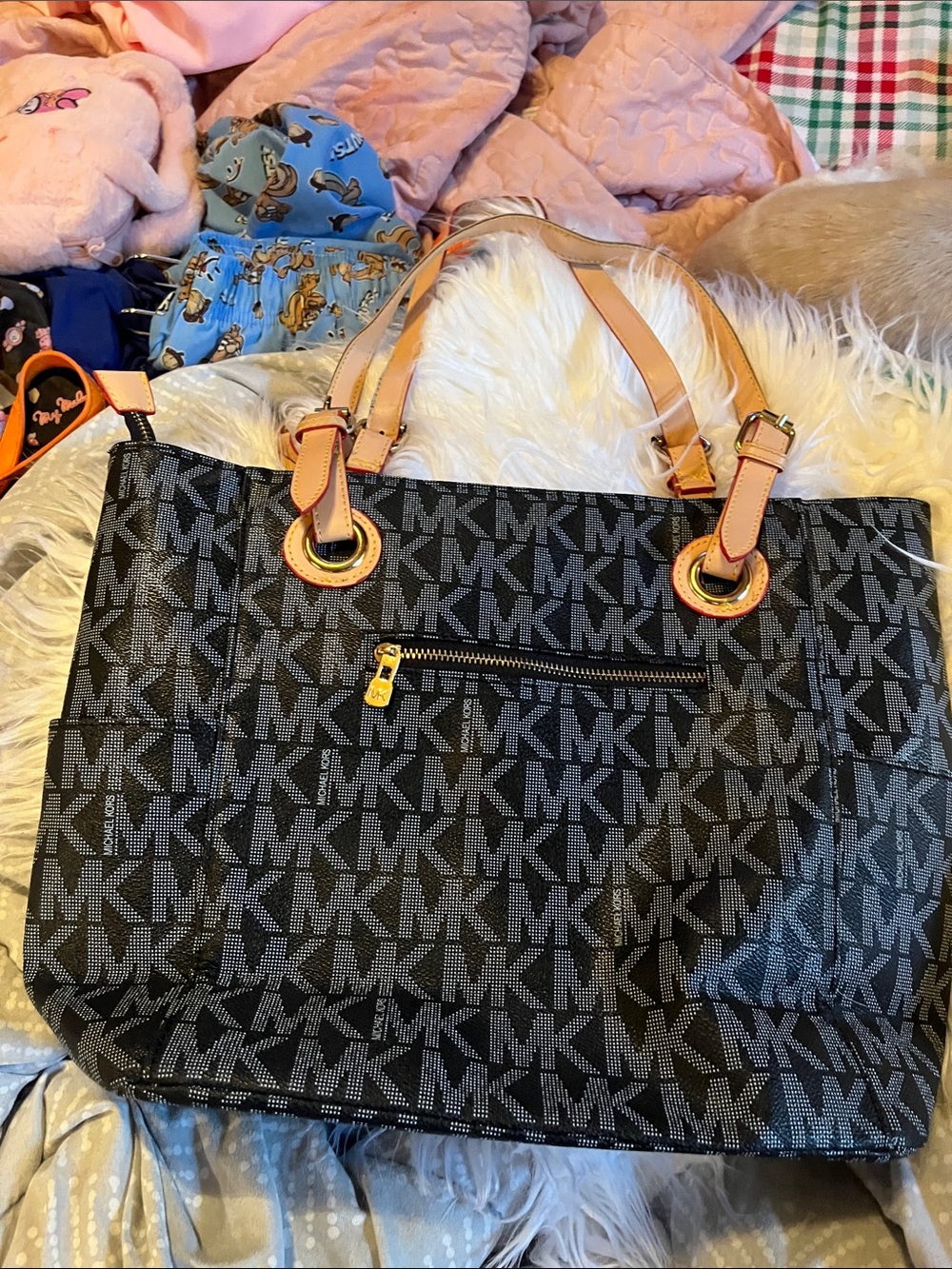 Michael Kors Black MK Logo Tote with Tan Leather Trim